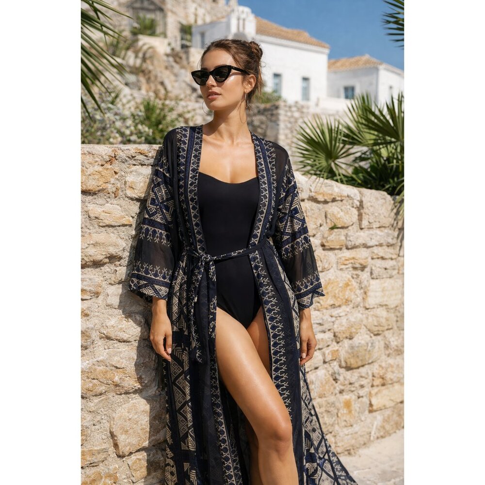NWOT Boho Geometric Open Front Abaya / Kaftan / Kimono-like Robe